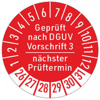 Rote Prüfplaketten Geprüft nach DGUV Vorschrift 3 nächster Prüftermin