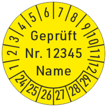 Prüfplakette mit fortlaufender Nummer und Name