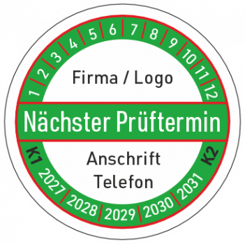Prüfplakette Nächster Prüftermin mit Firmenaufdruck
