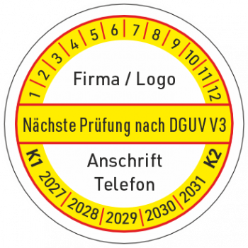 Prüfplakette mit Firmeneindruck, Nächste Prüfung nach DGUV V3
