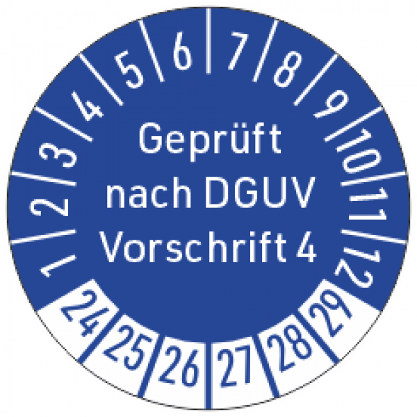 blaue Prüfplaketten geprüft nach  DGUV V4